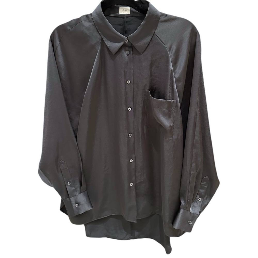Aritzia Wilfred Satin Long Sleeve Button-Up Blouse in Charcoal Gray Size XS